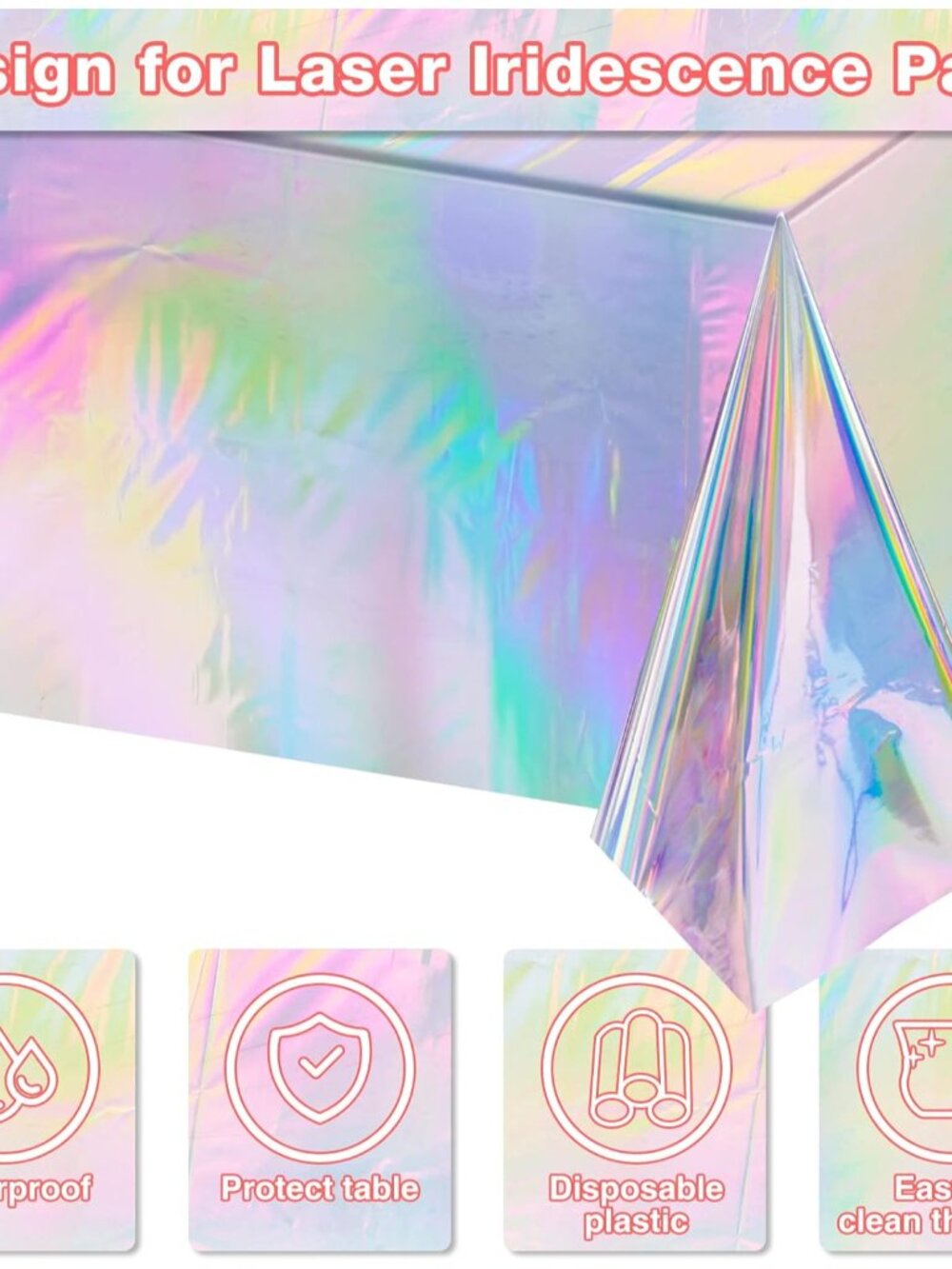 4 Pack Iridescent Plastic Tablecloths, Shiny Disposable Laser Rectangle Table Co - Picture 4 of 7